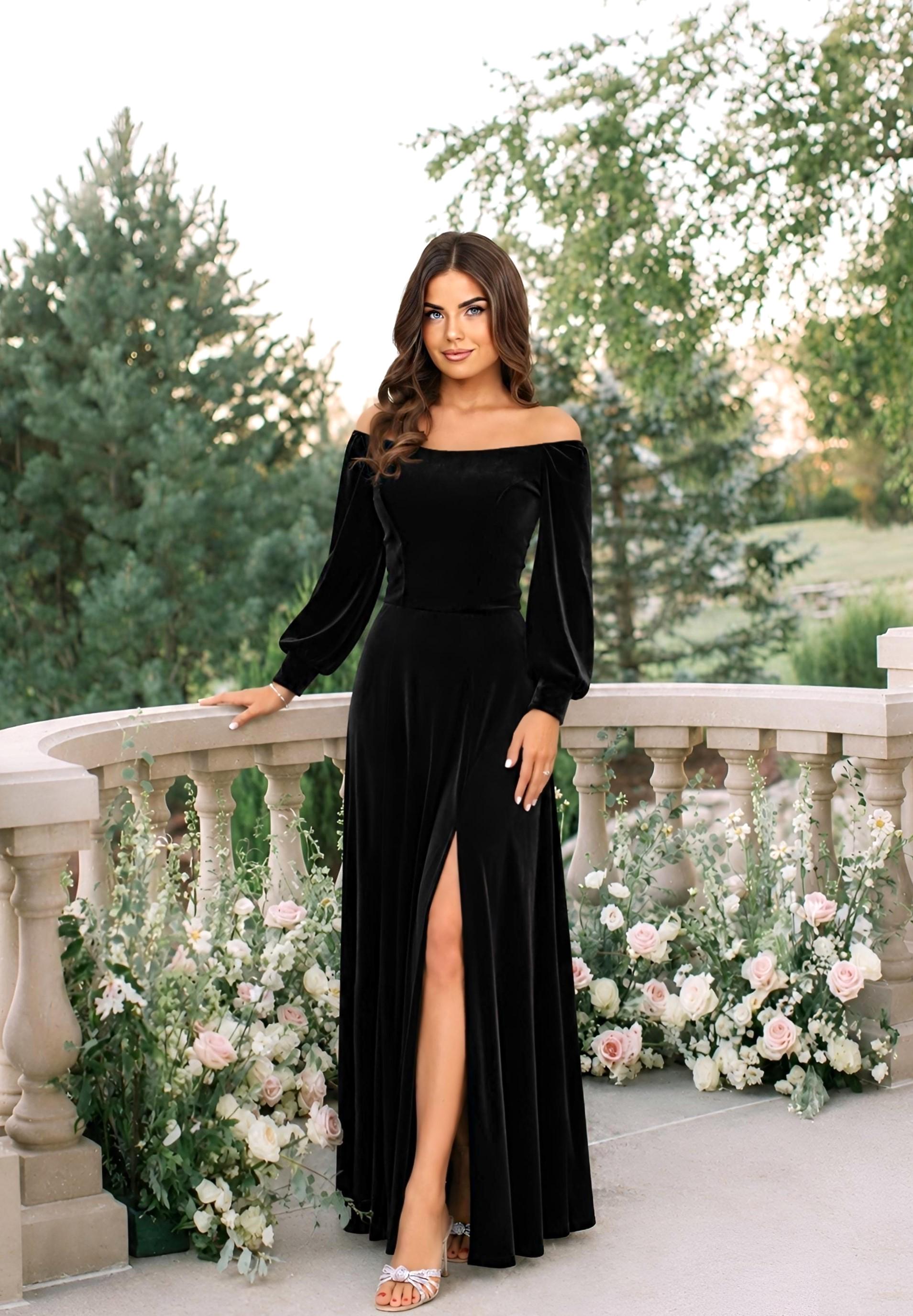 Off Shoulder Black Velvet Dress, Bishop Sleeve Dress With Slit, Velvet Bridesmaid Maxi Dress