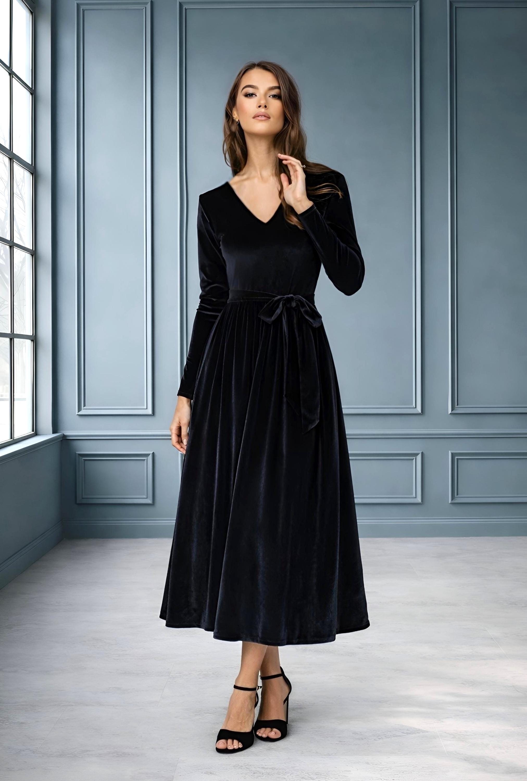 black velvet knee length dress Velvet Formal Midi Dress, V-neck Long Sleeve Black Dress, Elegant Evening  Dress, Wedding Guest Dress
