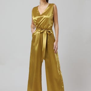 Satin jumpsuit women wide leg overalls backless satin jumpsuit mustard gold