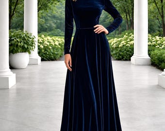 Abito da damigella d'onore in velluto blu navy, abito a maniche lunghe con collo alto, elegante abito da invitata a un matrimonio.