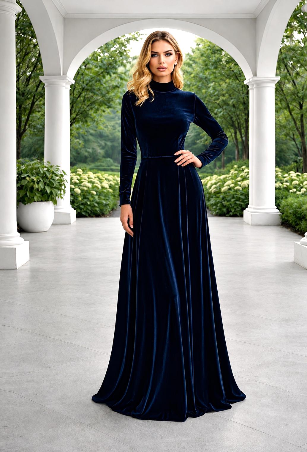 Navy Blue Velvet Bridesmaid Dress, Long Sleeve Mock Neck Gown, Elegant Wedding Guest Dress