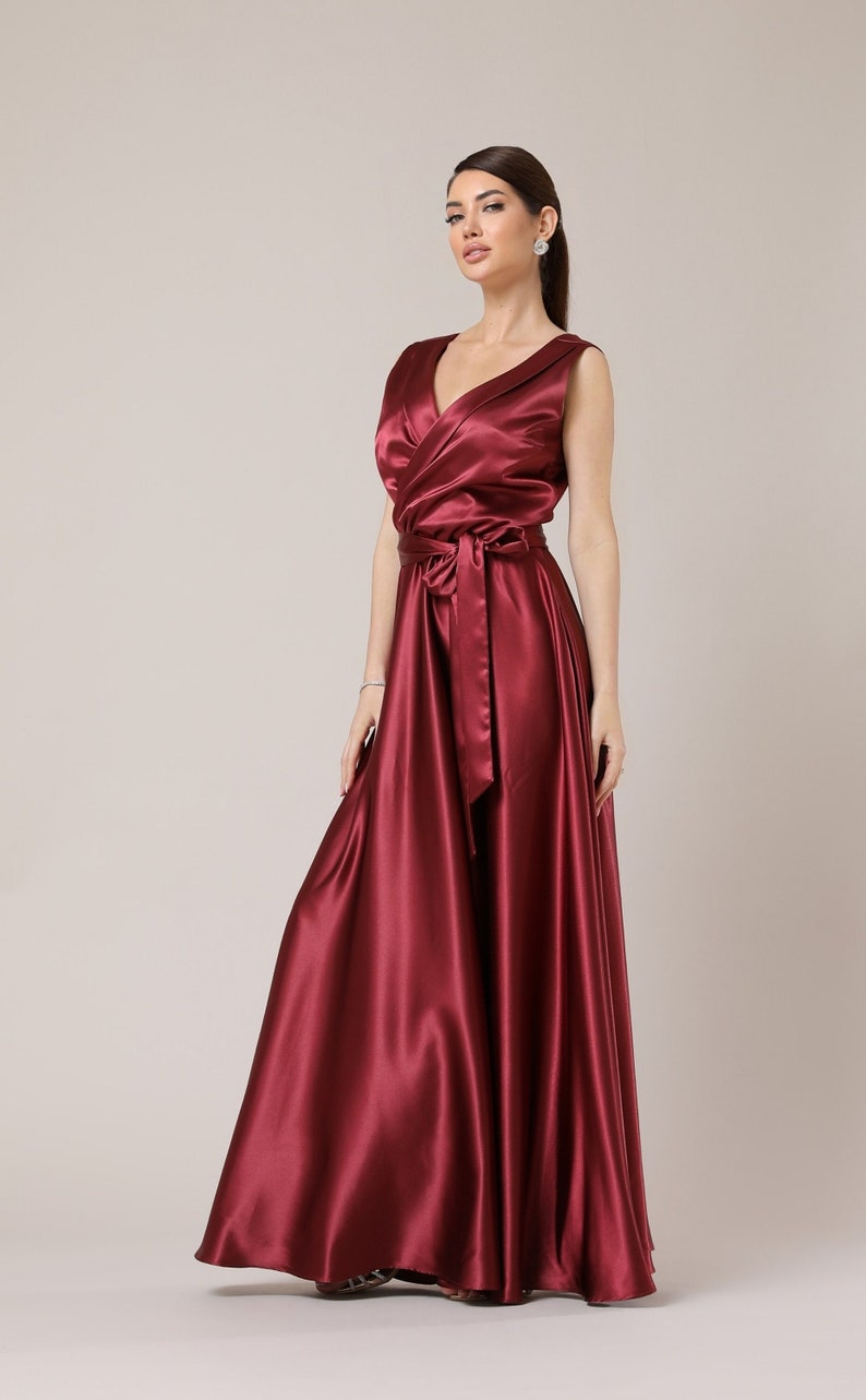 Burgundy satin dress, bridesmaid satin dress, party dress, a line summer dress, cocktail dress, satin long dress image 1