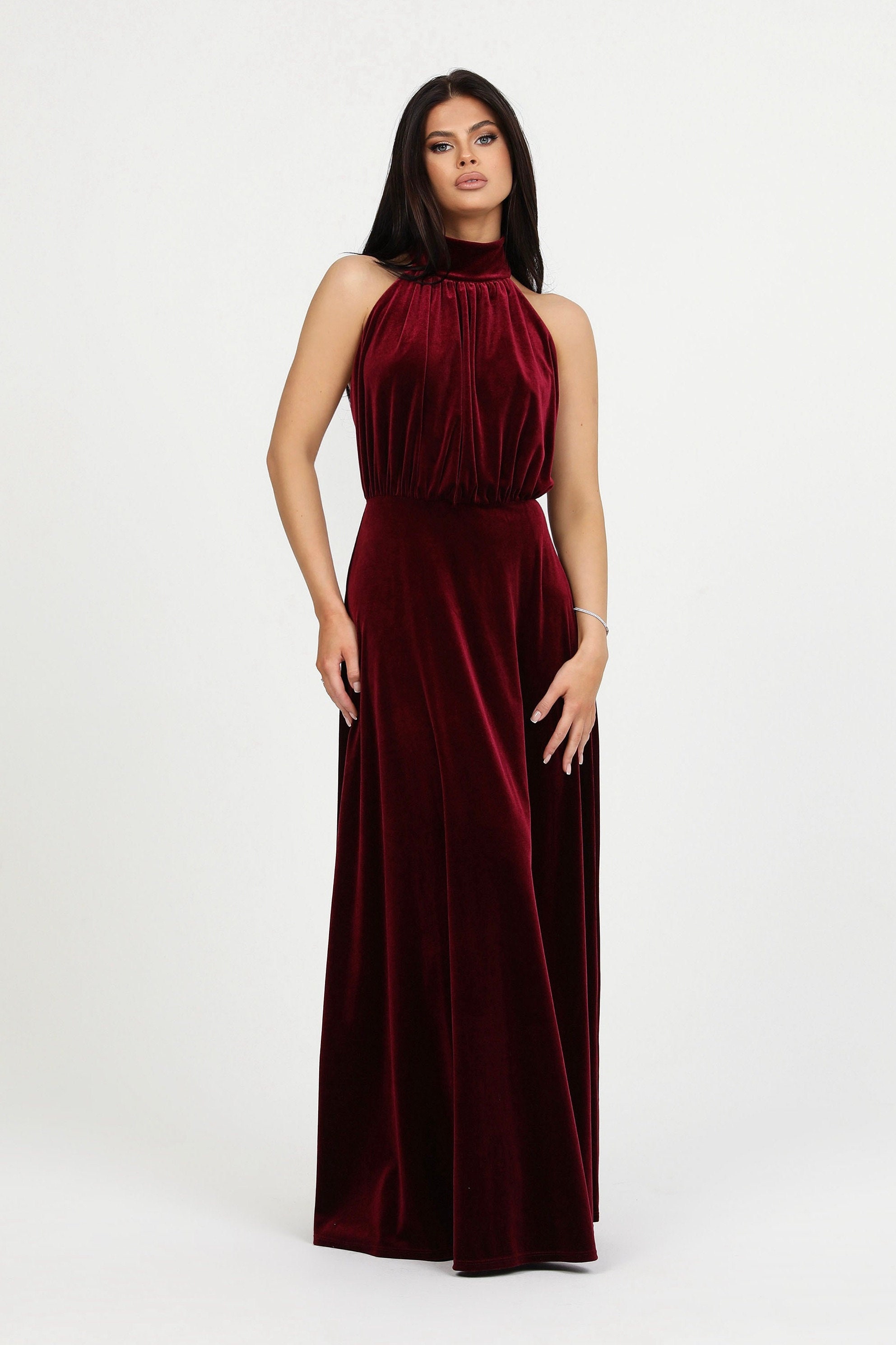 Velvet Halter Gown, Elegant Low Back Maxi Dress, Bridesmaid Dress Burgundy