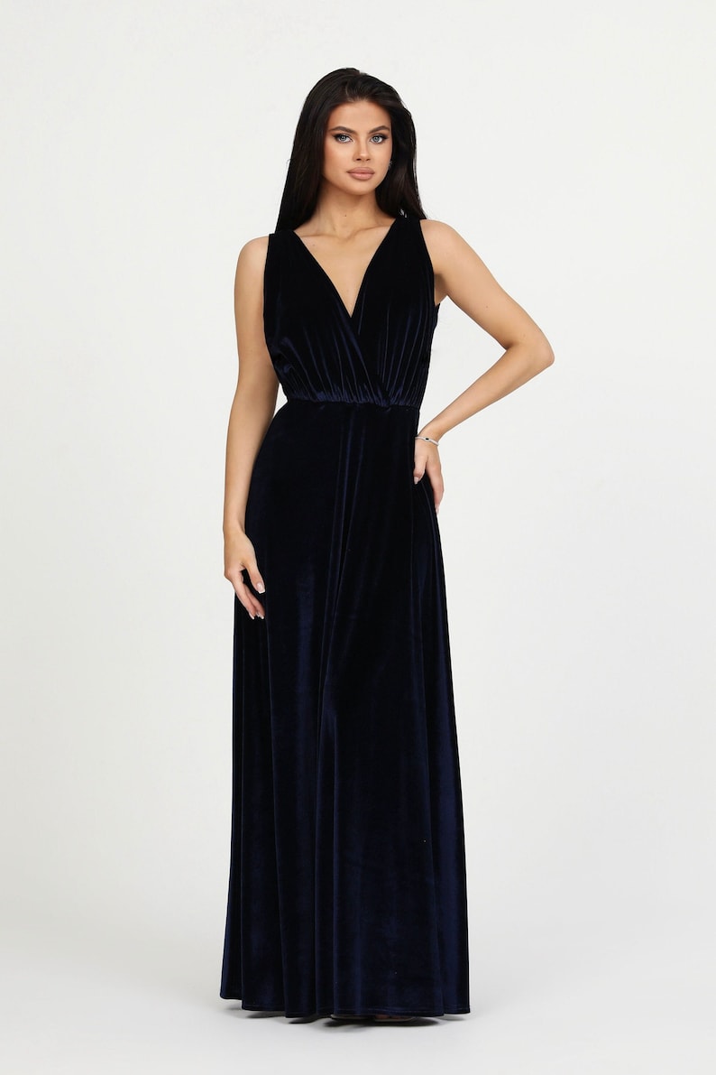 Navy blue velvet dress, bridesmaid dress, occasion dress, a line dress, elegant dress, low back dress, sleeveless maxi dress image 1