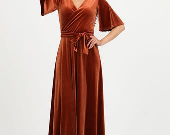 Rusty Orange Velvet Formal Dress, Wedding Guest Wrap Neck Long Dress, Bridesmaid Maid Of Honor Dress
