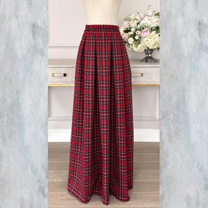Pleated tartan maxi skirt, High waist red skirt, Plaid fall occasions skirt with pockets
