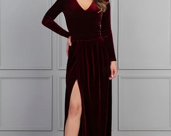 Burgundy Velvet Maxi Dress, V-Neck Long Sleeve Formal Gown with Slit, Wedding Guest Dress