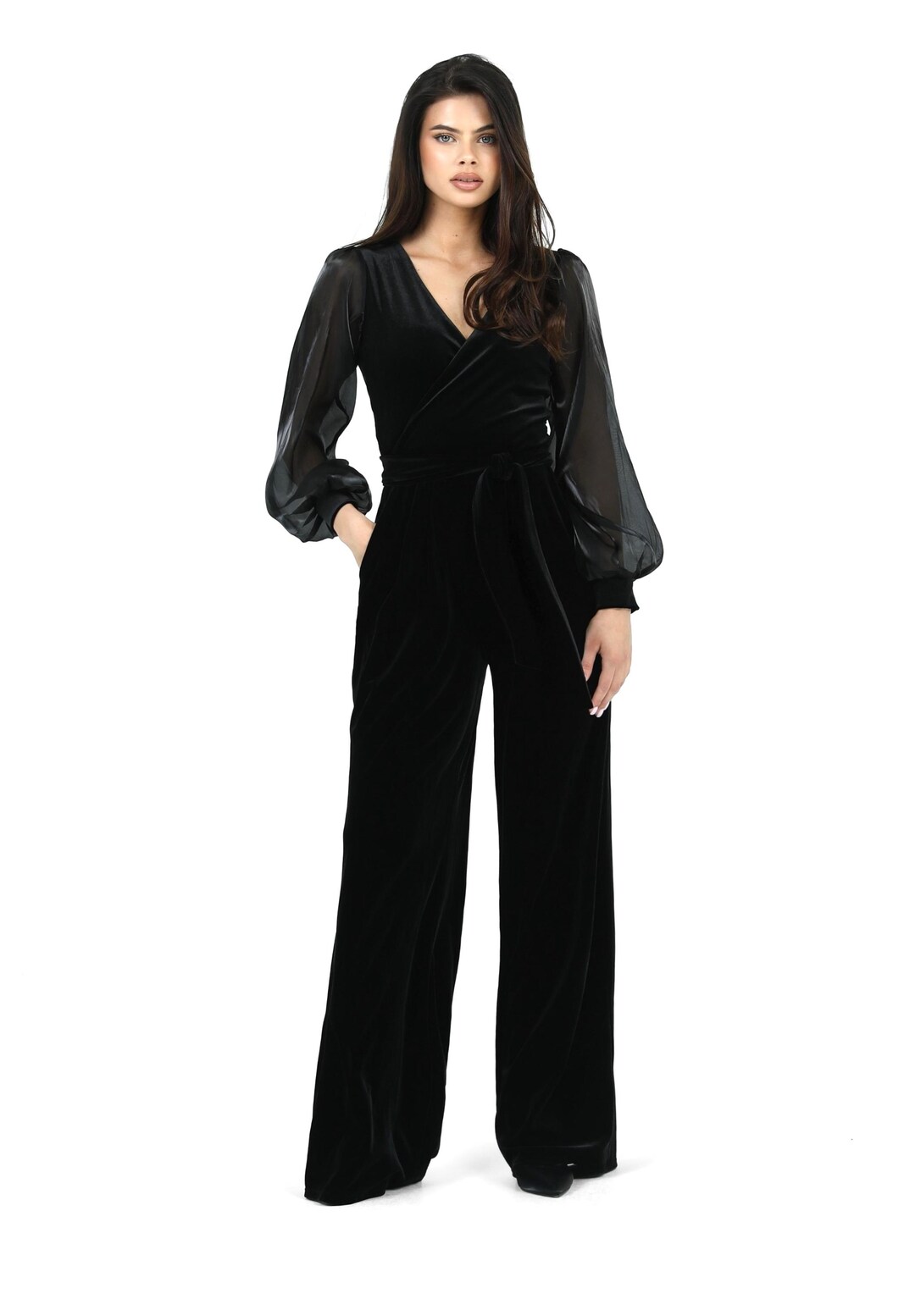 Black Velvet Jumpsuit, Wide Leg Organza Sleeve Overalls, Wedding