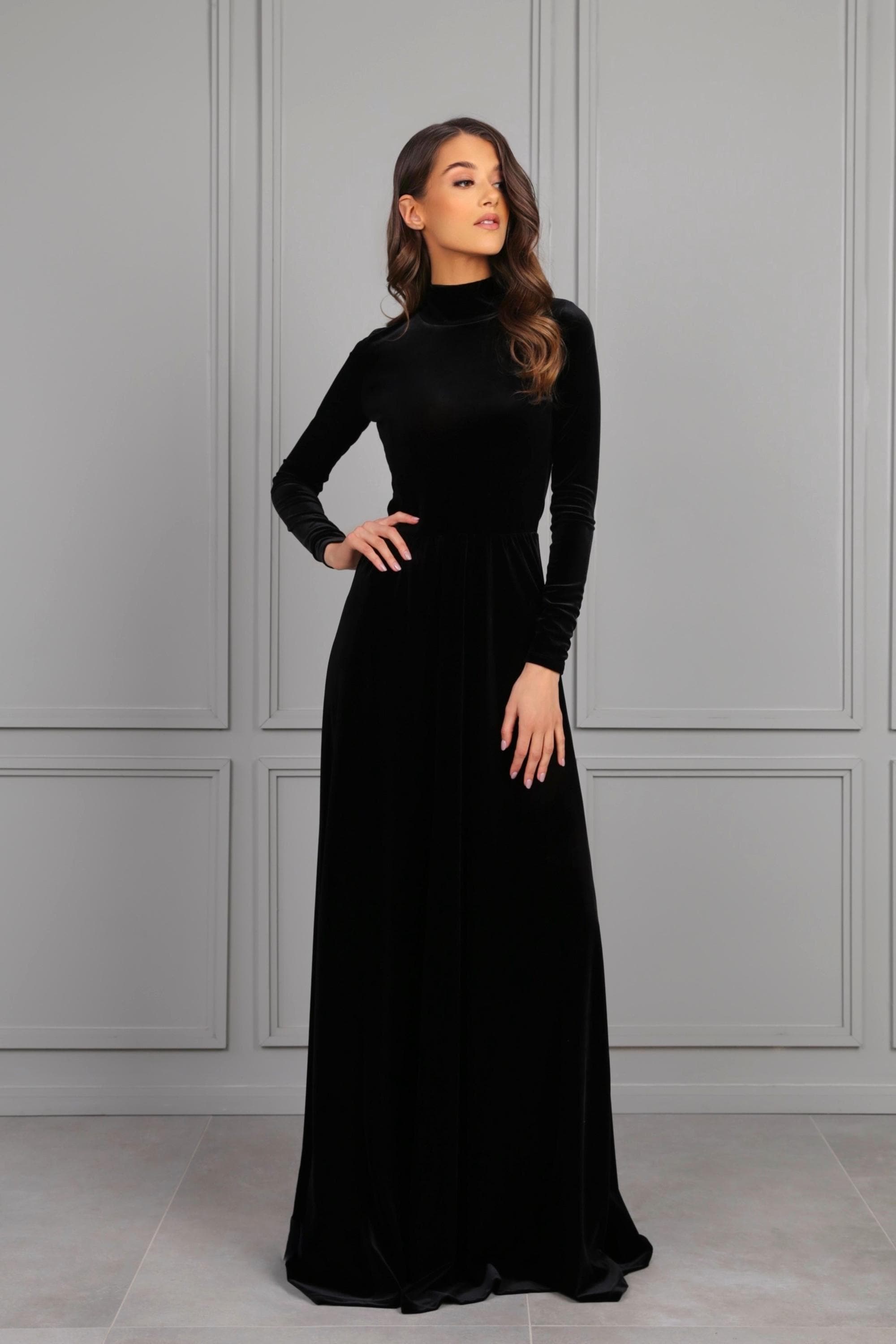 Black Velvet Dress, Mock Neck Long Sleeve Evening Gown, Keyhole