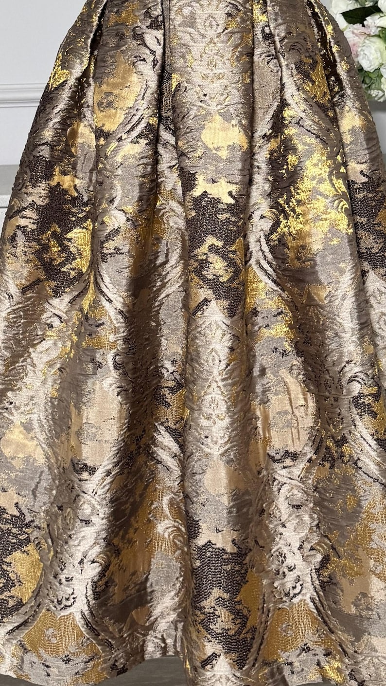 Bronze Jacquard Midi Skirt, Elegant Pleated Tea Length Skirt, Box pleat brown brocade skirt, Bronze Jacquard Midi Skirt, Elegant Pleated Skirt High Waisted, Evening Skirt
