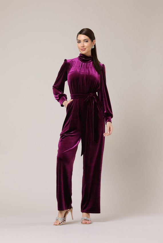 Formal Velvet Jumpsuit Women Long Sleeve Jumpsuit Wide Leg Velvet Overalls  Purple Wedding Guest Jumpsuit - Etsy