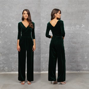 Dark green jumpsuit, jumpsuit for women, bridesmaid velvet jumpsuit, wedding guest jumpsuit, wide leg jumpsuit party jumpsuit, green velvet jumpsuit cocktail jumpsuit evening jumpsuit party wear, formal jumpsuit women, date night, wide leg, occasion