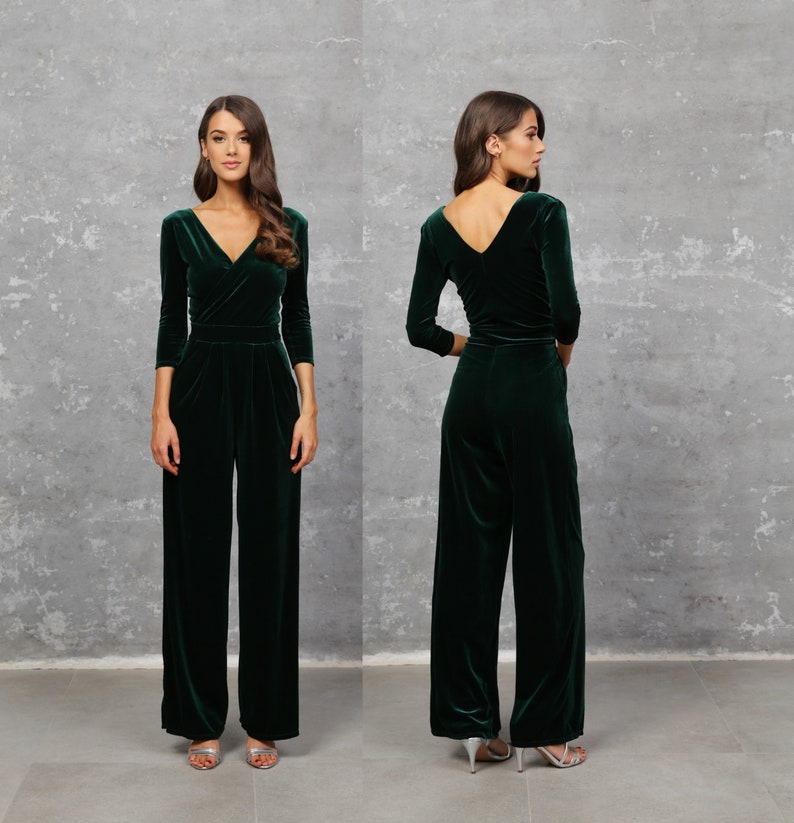 Dark green jumpsuit, jumpsuit for women, bridesmaid velvet jumpsuit, wedding guest jumpsuit, wide leg jumpsuit party jumpsuit, green velvet jumpsuit cocktail jumpsuit evening jumpsuit party wear, formal jumpsuit women, date night, wide leg, occasion