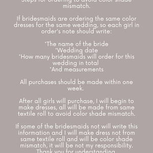 A notice for bridesmaids on a grey background, detailing steps to avoid color shade mismatches when ordering dresses. The text includes the bride's name, wedding date, and measurements.