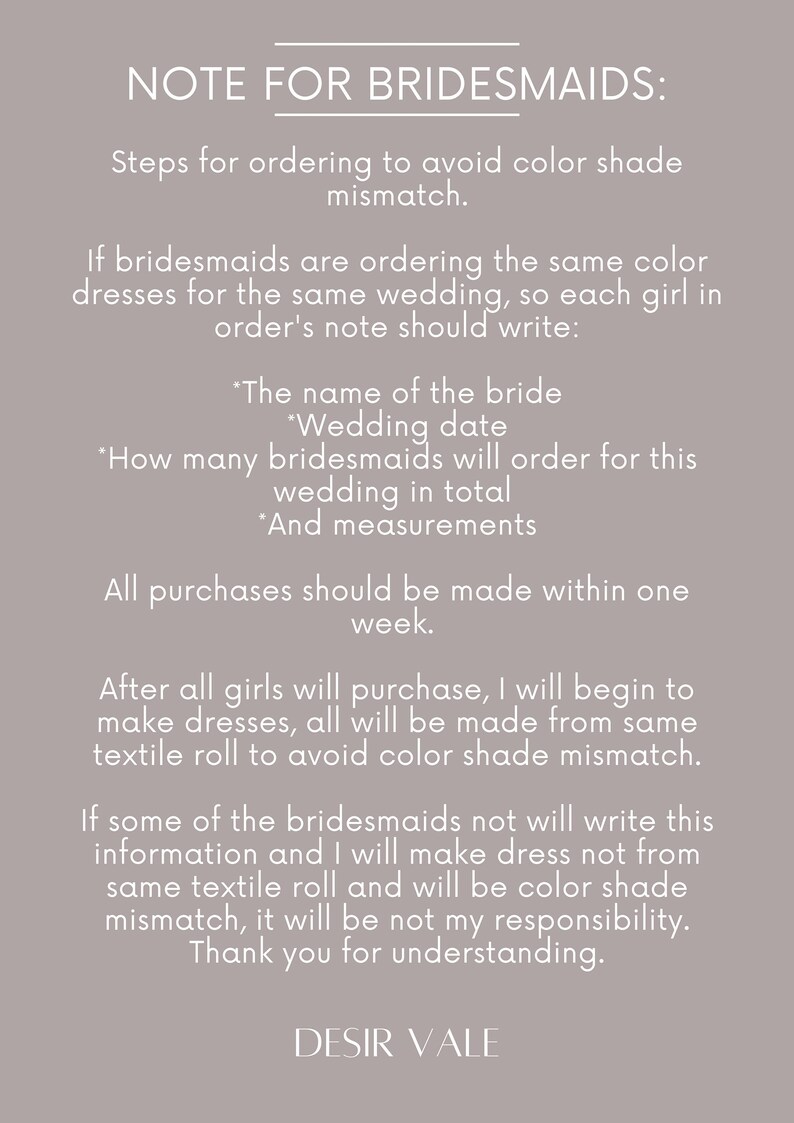 A notice for bridesmaids on a grey background, detailing steps to avoid color shade mismatches when ordering dresses. The text includes the bride's name, wedding date, and measurements.