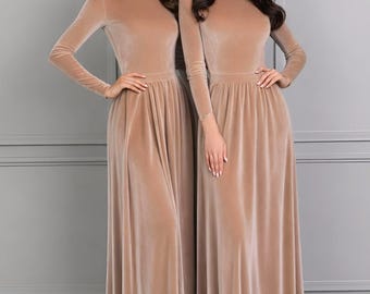 Velvet Maxi Dress, Long Sleeve Dress, Bridesmaid Dress, Elegant Women Dress with Pockets