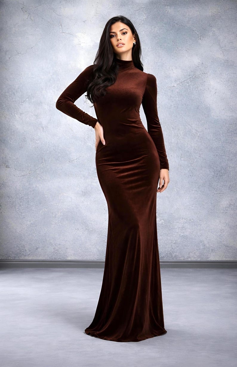 Formal Velvet Dress, Long Sleeve High Neck Dress, Velvet Maxi Dress, Black Dress with Slit, Bridesmaid Dress Maid of Honor image 9
