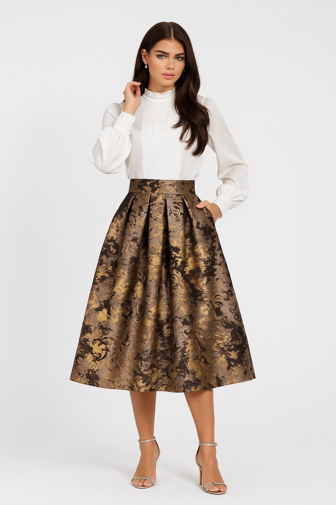 Bronze Jacquard Midi Skirt, Elegant Pleated Skirt High Waisted