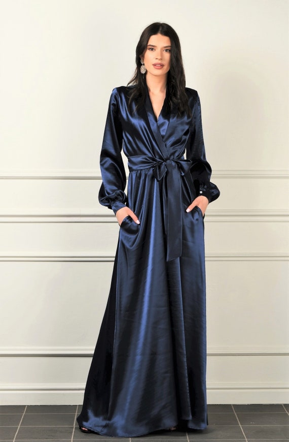 navy blue silk dress long