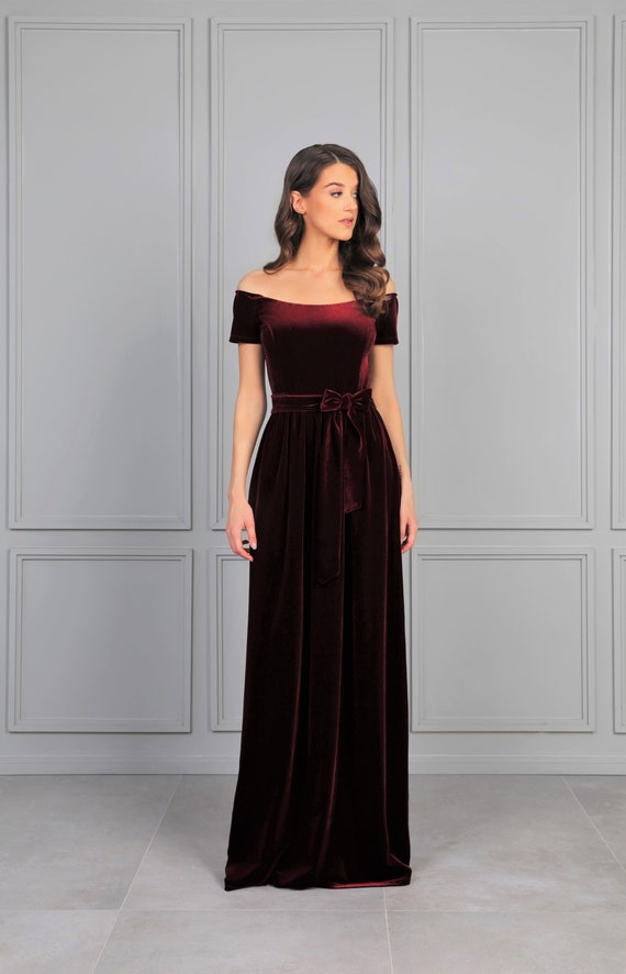 Off the Shoulder Burgundy Bridesmaid Velvet Gown High Quality | Etsy