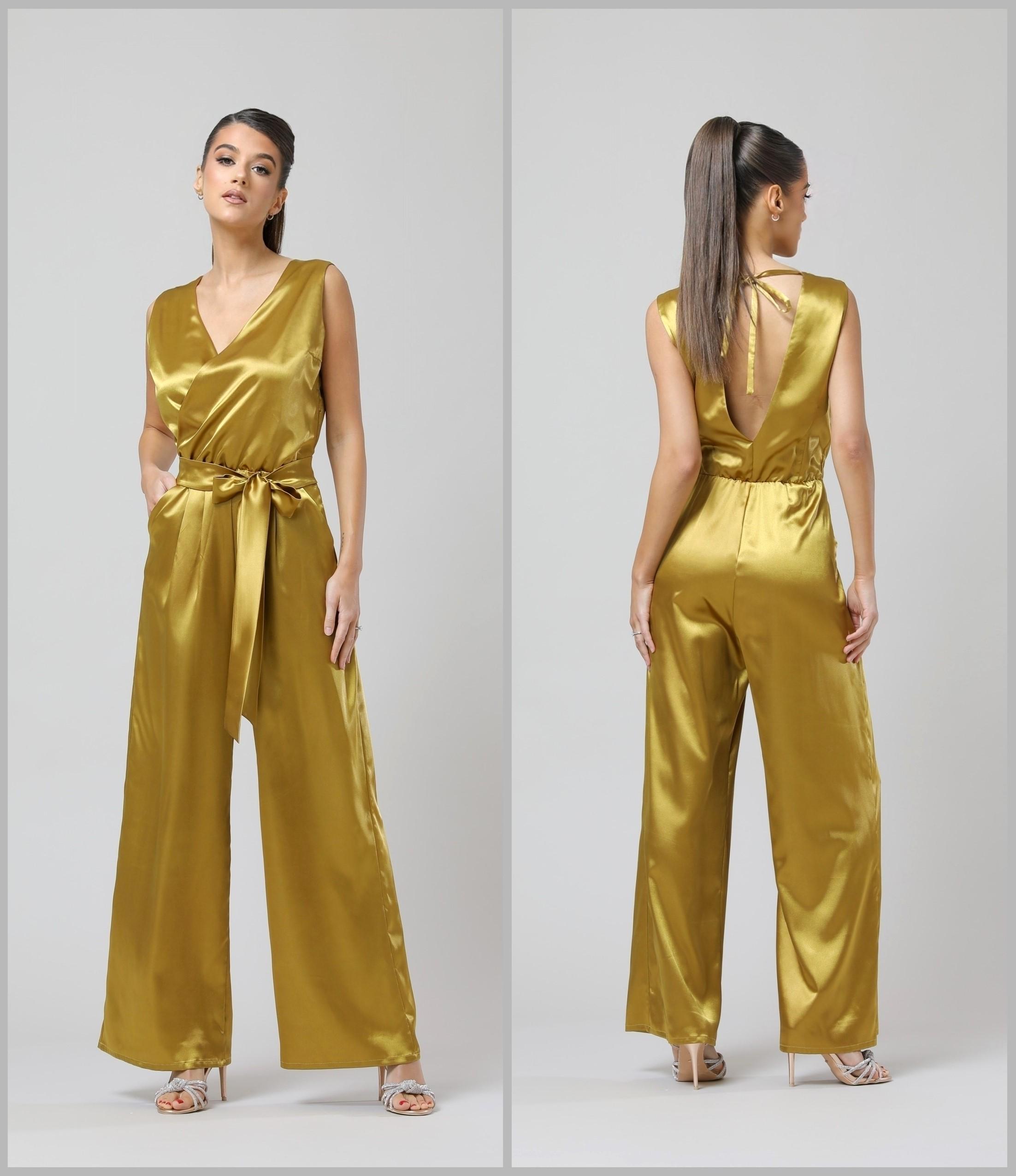 Black Satin Sleeveless Jumpsuit, Wide Leg Open Back Overalls, Deep