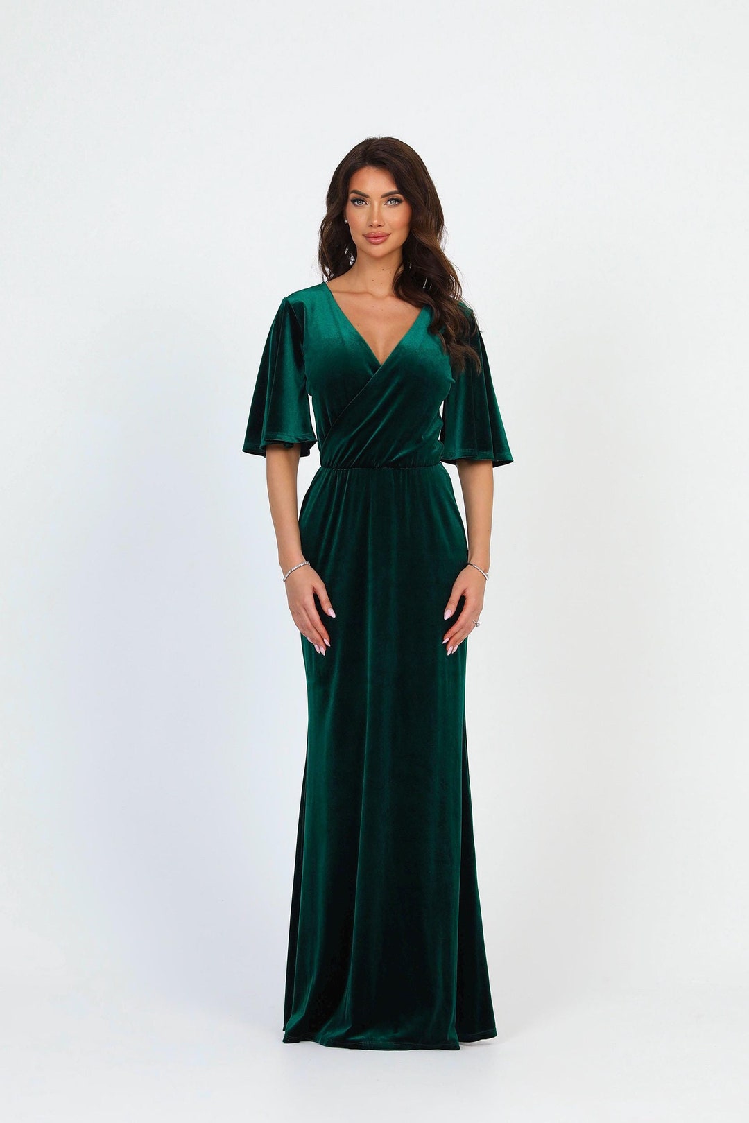 Elegant V-neck Velvet A-Line Floor-length Dress Dark Green