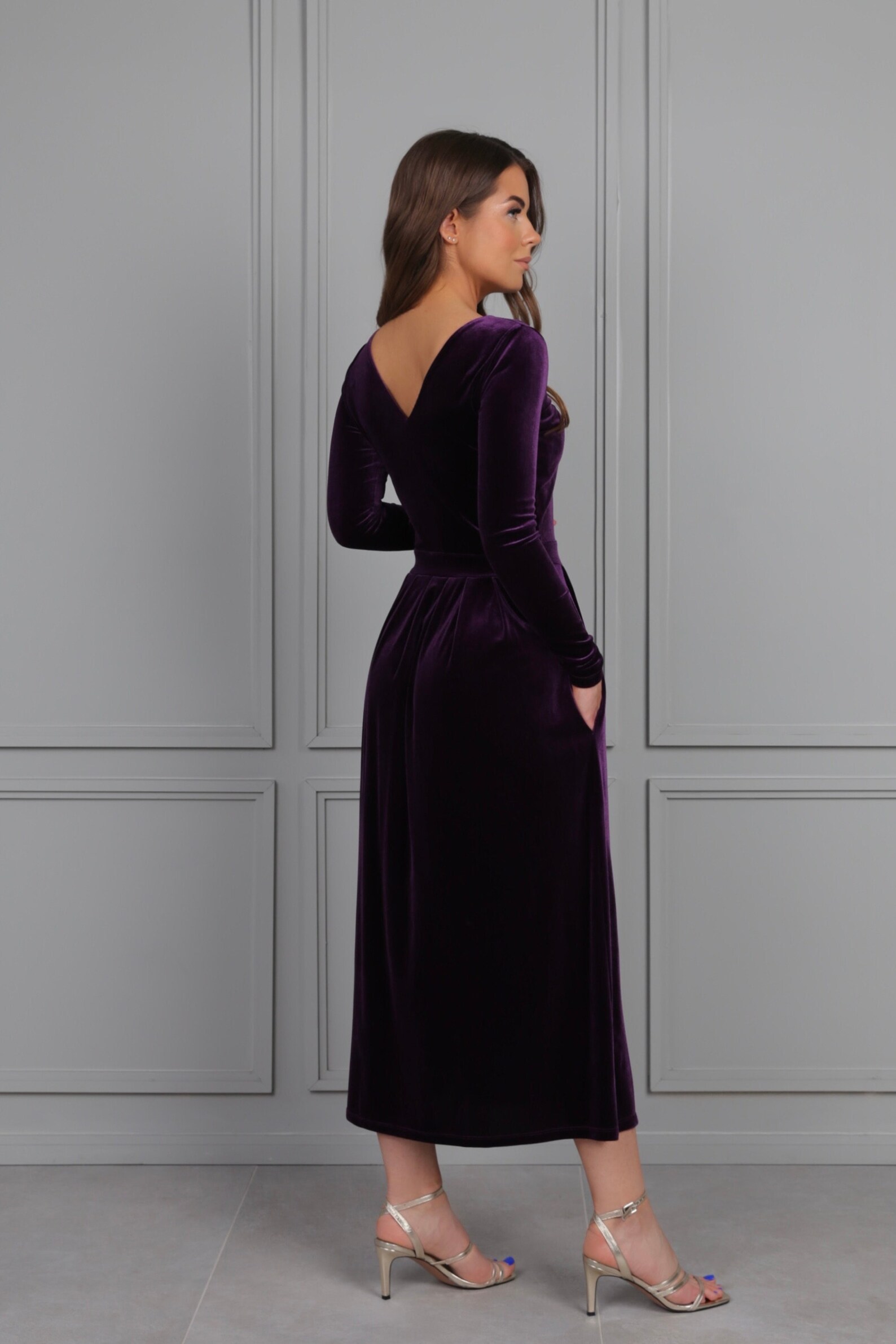 Midi Length Velvet Dress V Back Long Sleeves Plum Velvet - Etsy