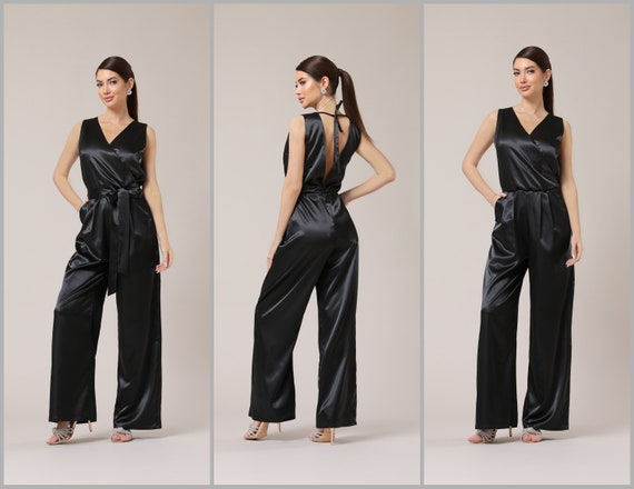 Black Satin Jumpsuit / Low Back Sleeveless Jumpsuit / Summer - Etsy