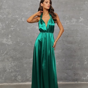 Satin elegant summer dress, beach cocktail silky dress, flowy bridesmaid dress green