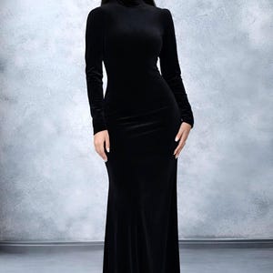 Formal Velvet Dress, Long Sleeve High Neck Dress, Velvet Maxi Dress, Black Dress with Slit, Bridesmaid Dress Maid of Honor image 8