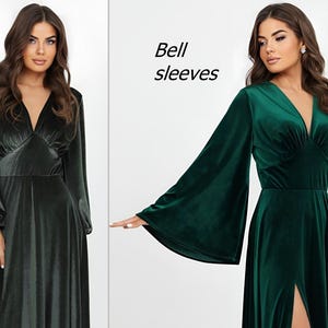 Two elegant velvet dresses with V-necklines and long sleeves. One dress features balloon sleeves, while the other showcases bell sleeves. The dresses are a deep green color and have a flowing, floor-length design. The text "Balloon sleeves" and "Bell sleeves" are in the image.