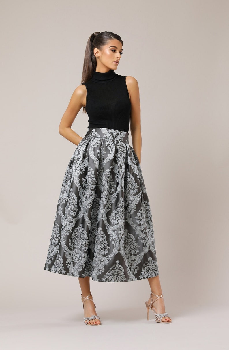 Jacquard Skirt, Formal Skirt, High Waist Skirt, Long Skirt, Evening Skirt, Khaki Skirt With Pockets Pleats image 1