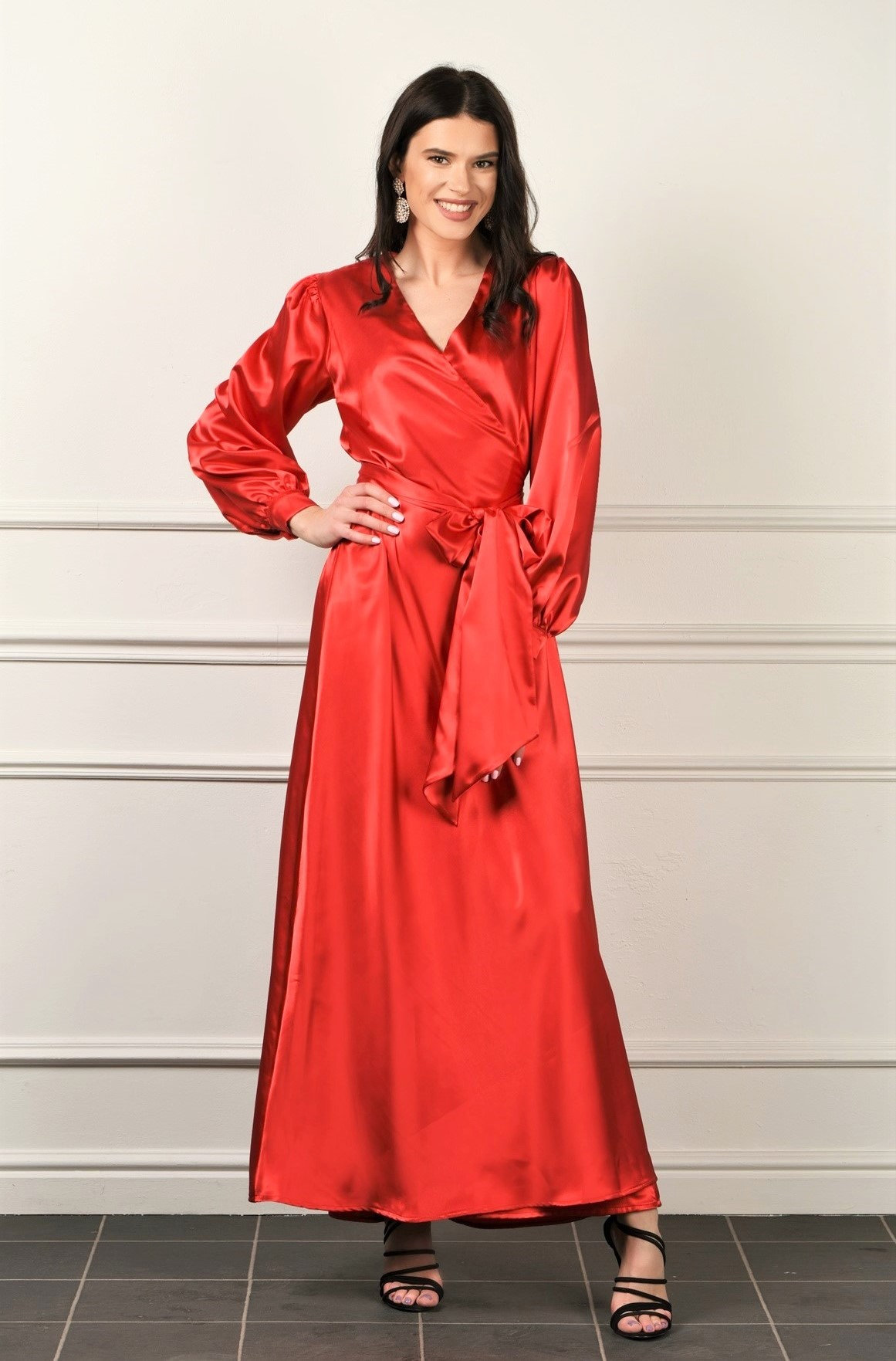Robe satin rouge Maxi robe / Wrap Robe Robe Manches longues Etsy