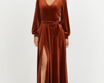 Rusty Orange Velvet Maxi Dress, Long Sleeve Formal Gown, Elegant Bridesmaid Dress