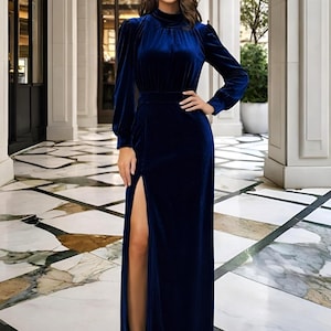 Velvet Blue Dress with Long bishop Sleeves, high turtleneck, slit. Women Maxi Dress