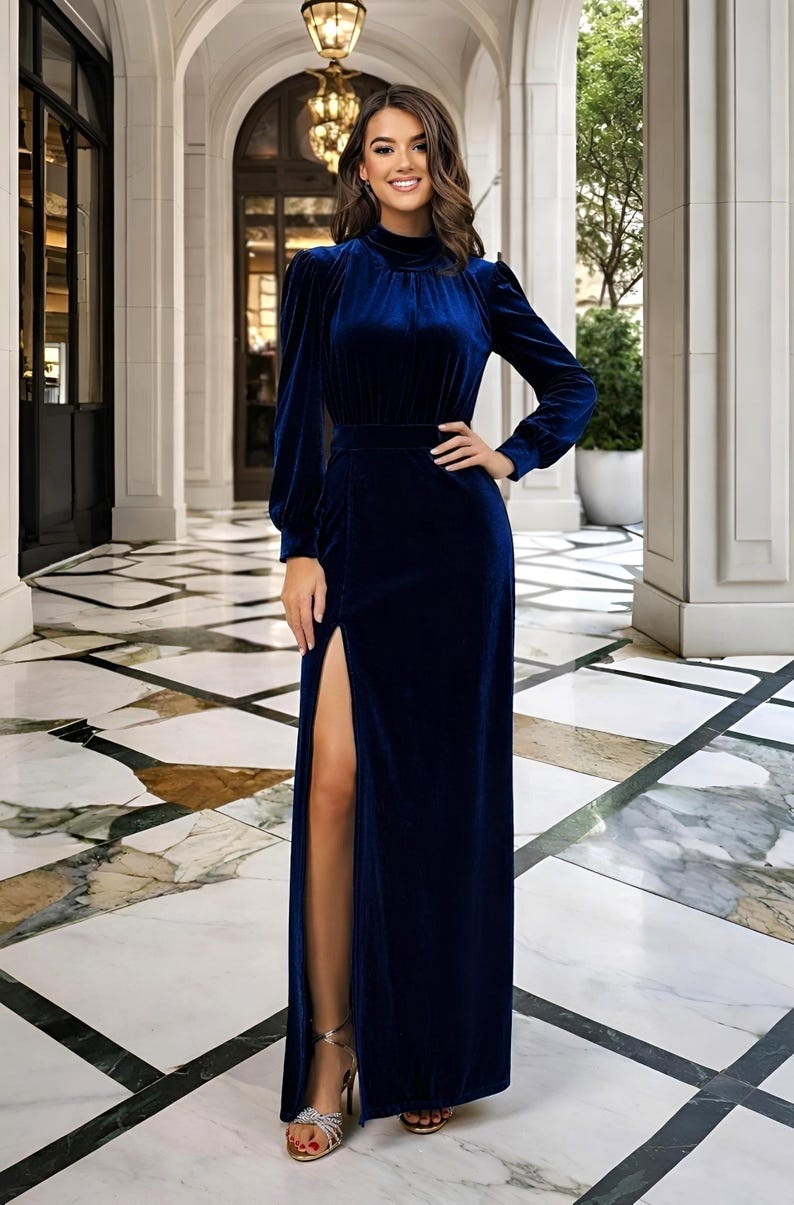 Velvet Blue Dress with Long bishop Sleeves, high turtleneck, slit. Women Maxi Dress
