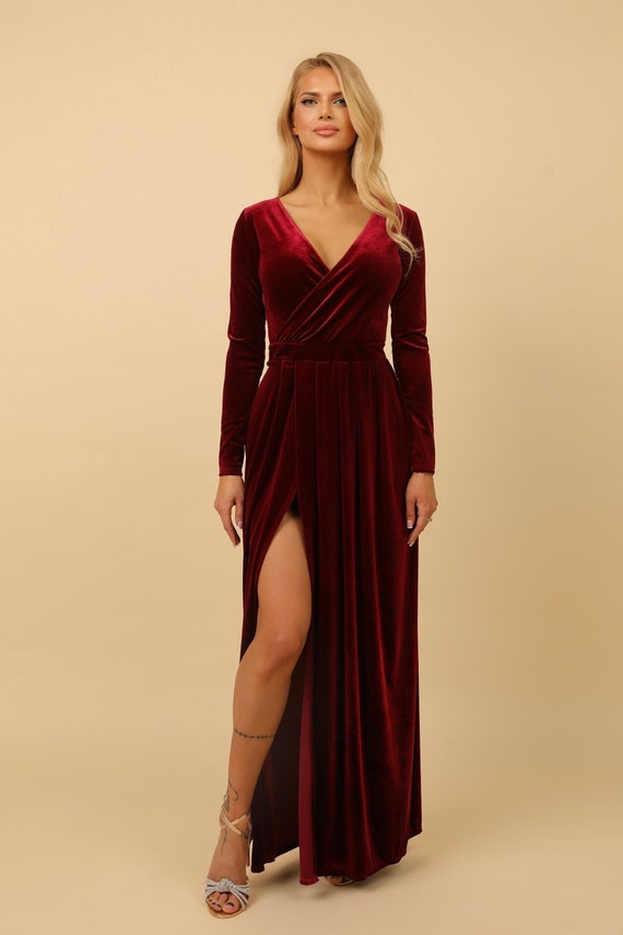 burgundy long sleeve wrap maxi dress Velvet Dress, Deep V-back, Sleeve, Bridesmaid With Slit, Wedding Guest Dress sweeping maxi length perfect