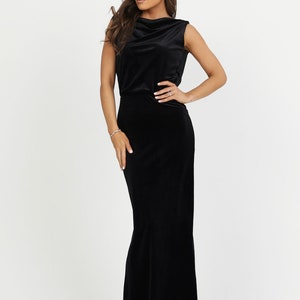 Velvet Black Maxi Dress, Sleeveless Cowl Back Gown, Elegant Formal Long Dress.