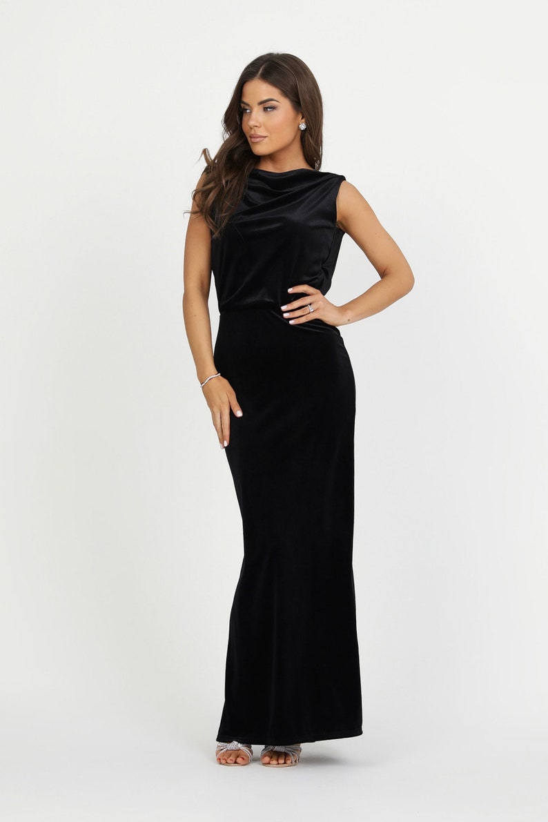 Velvet Black Maxi Dress, Sleeveless Cowl Back Gown, Elegant Formal Long Dress.