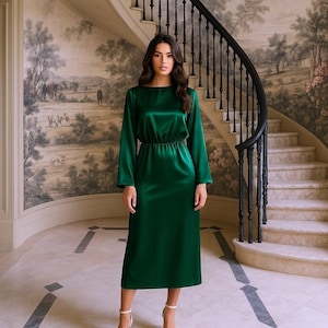 Satin formal dress, dolman sleeve green dress, guest cocktail dress