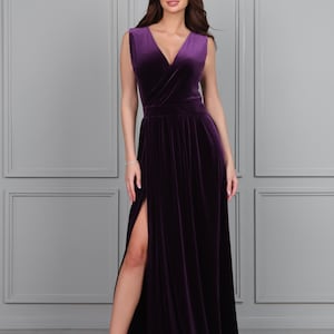 Elegant Velvet Maxi Dress, Sleeveless V neck Gown with Slit eggplant color