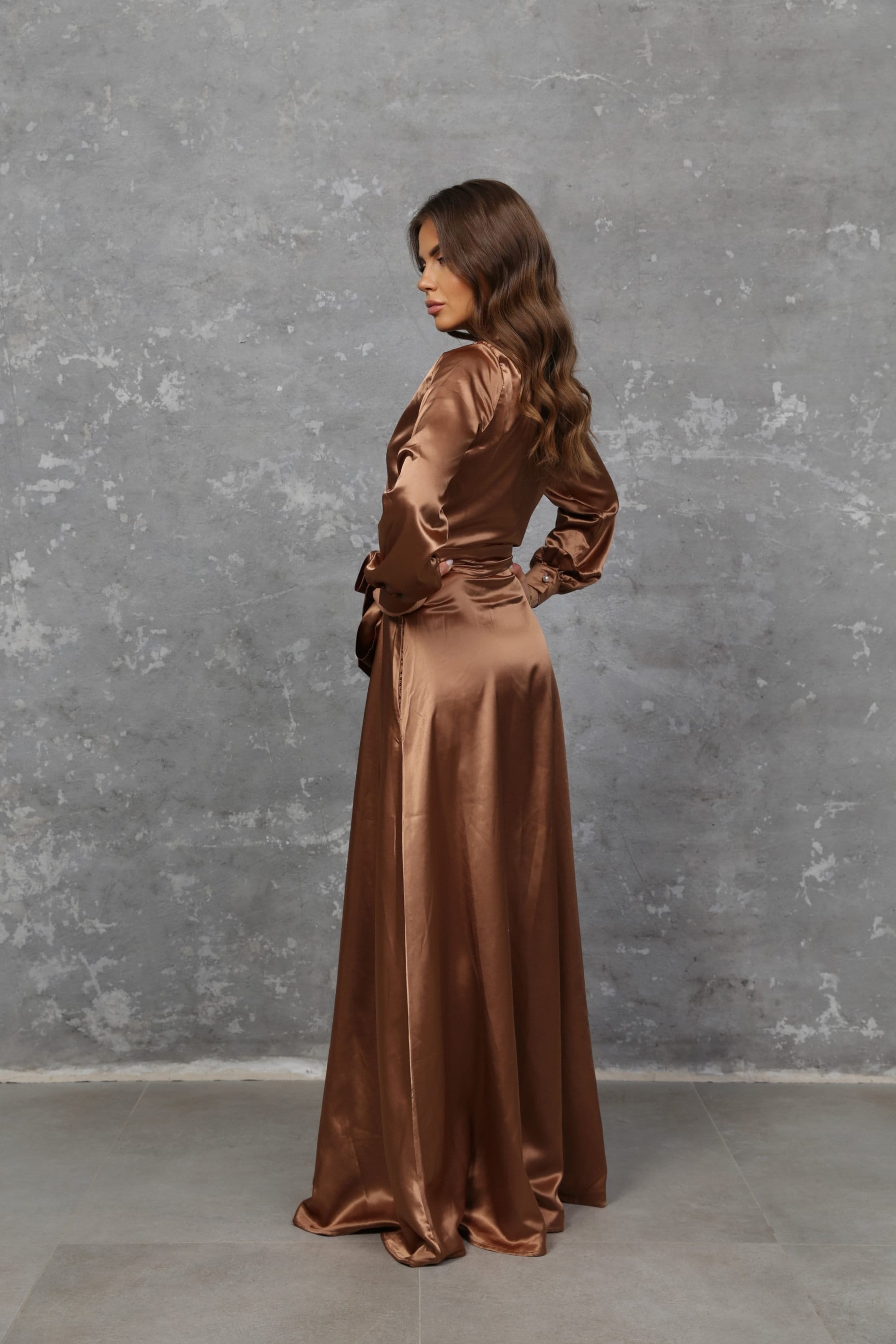slim fit dress slacks Cream Satin Long Sleeve Maxi Dress main image 1