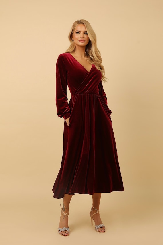 Burgundy velvet midi dress for fall wedding guests