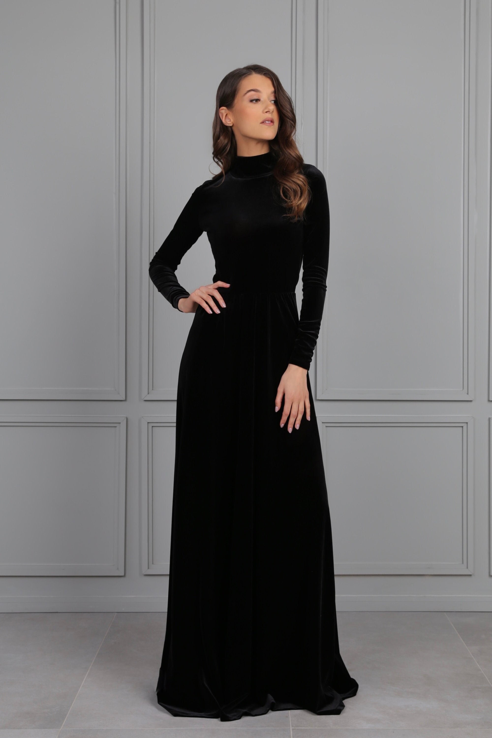 Black Wedding Velvet Dress, Long Sleeve Elegant Gown, High