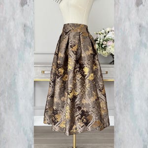 Bronze Jacquard Midi Skirt, Tea Length Box pleat brown brocade skirt High Waisted, Evening skirt brown, women modest skirt,