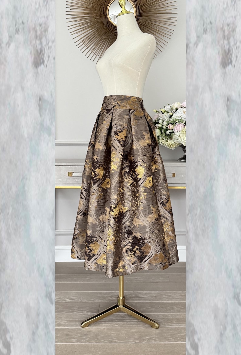 Bronze Jacquard Midi Skirt, Tea Length Box pleat brown brocade skirt High Waisted, Evening skirt brown, women modest skirt,
