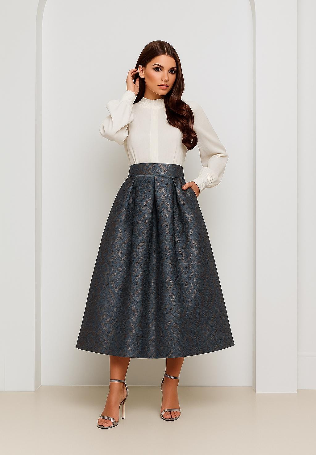 High Waist Jacquard Skirt With Pockets, Elegant Navy Cocktail