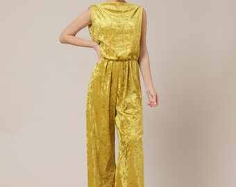 Crushed Velvet Evening Jumpsuit, Cowl Back Wide Leg, Yellow Gold