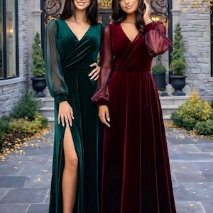 velvet long organza cuffed sleeves maxi dresses in burgundy and green, v neck a line dresses, women elegant dresses, sheer sleeve dresses. surplice neck dresses.
