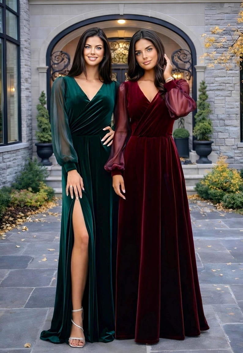 velvet long organza cuffed sleeves maxi dresses in burgundy and green, v neck a line dresses, women elegant dresses, sheer sleeve dresses. surplice neck dresses.